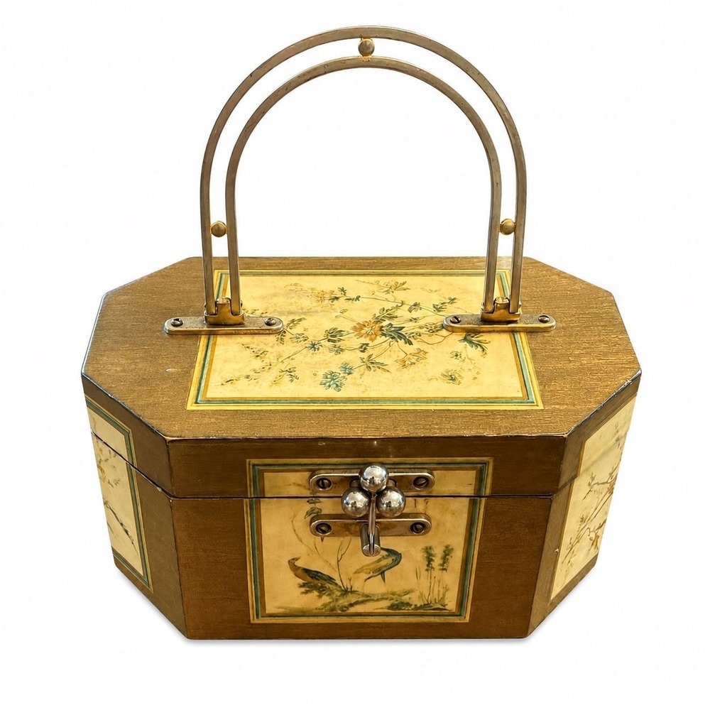 1960s Annie Laurie Originals Palm Beach Wooden Box Purse Floral Bird Gold